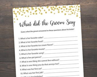 What did the groom say, Bridal Shower Games, What did he say about her, Gold Bridal Shower, Gold Confetti, Bride Groom Game, Printable, GCB3