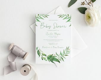 Baby Shower Invitation | Printed Invitation | Greenery Invitation | Watercolour Leaves | Wreath | Greenery Baby Shower Invitation | Leaf