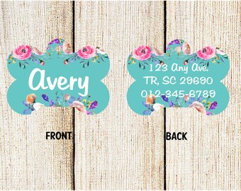 Floral Dog Tag - Custom Pet ID Tag - Double Sided Dog Tag - Personalized Pet Tag