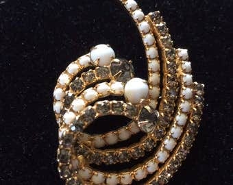 Vintage Milk Glass & Rhinestone Brooch