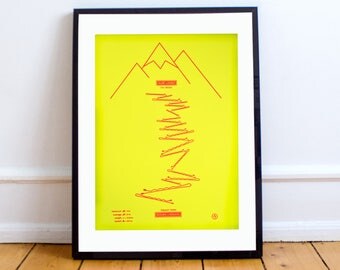 Alpe d'huez A3 Screen Print, 21 hairpins, road bike, roadie, tour de france, yellow, neon, bike, altitude, cycling, climb, limited edition