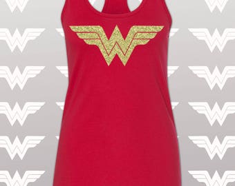 Wonder Woman Shirt Running Tank Top / Wonder Woman Marathon with Gold Shimmer WW Logo / Costume / Women's Tank / Wonder Women Tank /
