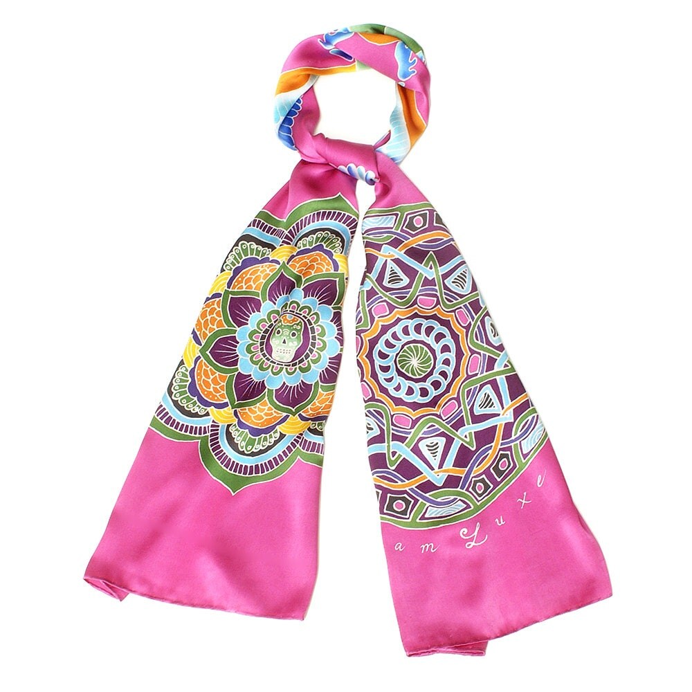 Silk scarf Handpainted Mandala scarf Egypt scarf Skull