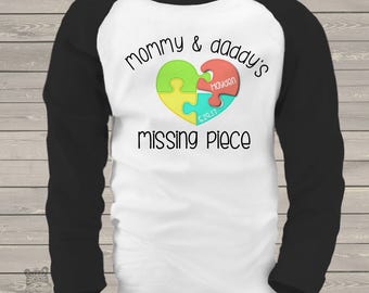 Adoption shirt mommy and daddy's missing piece puzzle adoption announcement personalized raglan Tshirt - makes a great gift MADT1-002