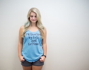 Cats and Caffeine, tank workout, turquoise clothing, pet mom, vacation, t shirt workout, yoga clothes, coffee lover, Racerback tank, rctees