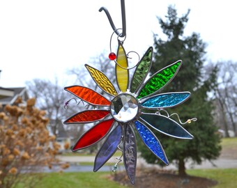 Rainbow Flower of Peace and Hope Stained Glass Suncatcher Diversity Love