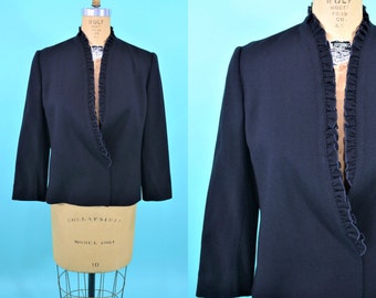 1980s black blazer | black ruffle collar suit jacket | vintage 80s blazer | W 35"