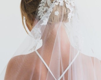 VALENCIA | lace fingertip veil, ivory wedding veil, fingertip veil with blusher