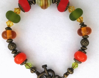Autumn / Fall Colours 2 lampwork and Bronze Bracelet
