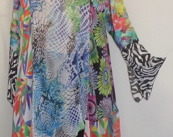 Coco and Juan, Plus Size Tunic, Lagenlook, Mixed Print Chiffon, Asymmetrical Plus Size Tunic Top, Size 1 (fits 1X,2X) Bust 49 inches