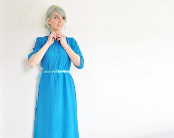 bright TEAL silk shirtwaist . blue green button down secretary dress .medium.large .sale