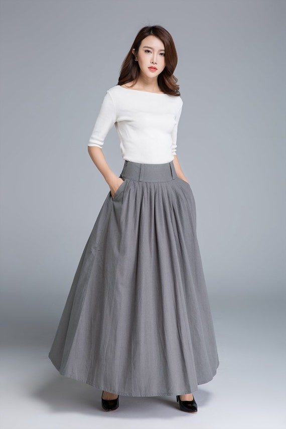 Dark grey skirt linen skirt full skirt swing skirt long