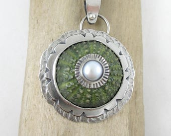 Green Sea Urchin Pearl Sterling Silver Pendant Necklace