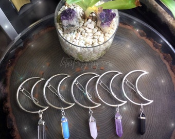 SILVER Moon hair clip, The ORIGINAL Crystal crescent hair barrette with gemstone dangle