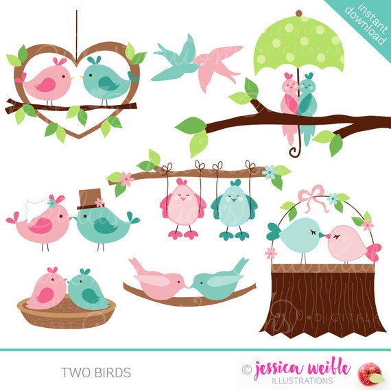 Two Birds Cute Valentine Digital Clipart - Commercial Use OK - Love Birds, Valentine Birds, Valentine Clipart, Wedding Birds Il_570xn