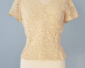 1950s Lace Blouse...Vintage Golden Ivory Alençon Lace Blouse