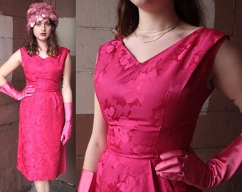 Robe Vintage 1950 / / des années 50 années 60 robe de soirée brocart rose Fuchsia