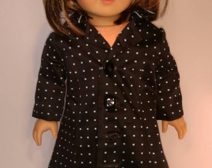 Beautiful black and aqua polka dot coat trimmed in piping fits 18 inch dolls