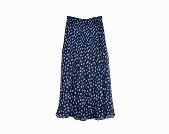 Vintage 90s Blue & White Daisy Skirt / 90s Express Maxi Skirt / Crinkle Floral Maxi Skirt - women's small