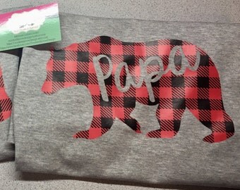 Papa Bear Shirt, 3/4 SLEEVE, Buffalo Plaid, Lumber Jack plaid, Buffalo Plaid Bear shirt, Plaid Papa Bear