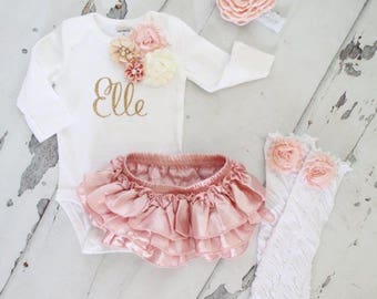 Newborn Baby Girl Coming Home Outfit Set of up to 4 Items, Blush Ruffle Diaper Cover, Rose Leg Warmers, Personalized Floral Bodysuit. Summer