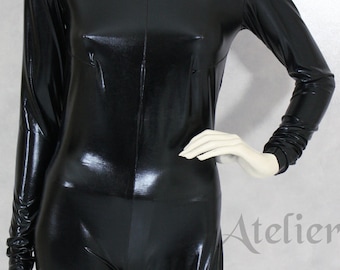 Black Catsuit Jumpsuit Catwoman Unitard Leotard Bodysuit Costume Long Sleeve shinny Lycra fabric with Back Zipper