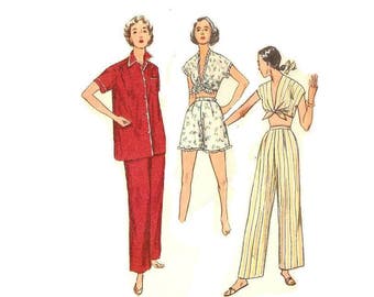 1950s Two Piece Pajamas Pattern, Crop Top, V Neckline, Shorts, UNCUT, Bust 38, Size 20, Simplicity 4312, Vintage Sewing Pattern