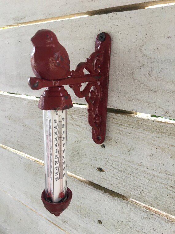 Outdoor Thermometer Cast Iron Bird Decor Country Red