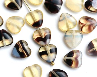 10mm Amber Yellow Heart beads, Mixed Amber Yellow and Black colored czech glass pressed beads, 20Pc - 0463