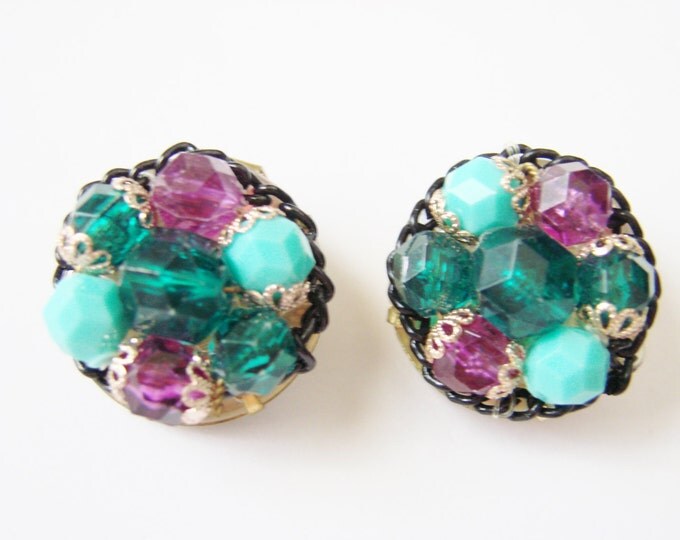 Vintage West Germany Cluster Earrings Green Turquoise Purple Glass Beads Goldtone Jewelry