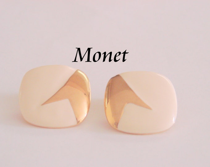 Vintage Monet Designer Signed Modernist Creamy White Enamel Clip Earrings Jewelry Jewellery