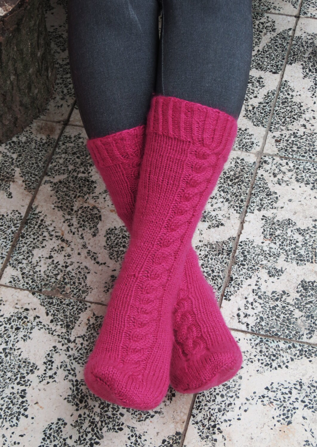 Pink Cable Knit Socks Knee High Socks Women Chunky Knit