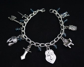 Personalized Medieval Theme Charm Bracelet - Silver Chain, 8 Charms, Pick Your Initial, Crystals, Sword, Shield, Throne, Battle Axe, Helmet