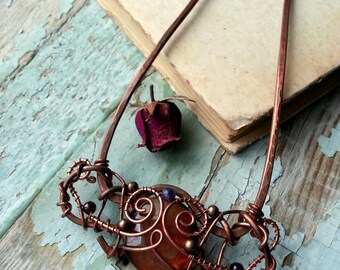 Copper Hair stick, hair pin, metal hair fork, boho bun pin, Gemstone wire wrap hair accessories