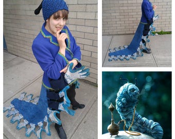 Upcyled Clothing, Caterpillar Tailcoat, Absolem Cosplay, Repurposed Blazer and Work Gloves, Storybook Fashion, Adult S/M