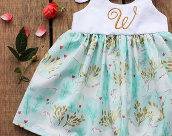 Unicorn dress, baby girls dress, birthday dress, blush gold mint, Michael miller unicorn dress, boho personalized coming home outfit