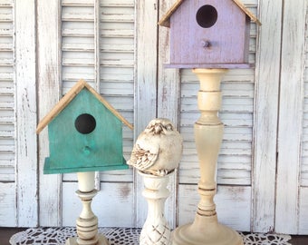 2 Bird Houses on Pedestals w Bird - 3 Pc Set - Antique Finish Bird Decor - Table Top