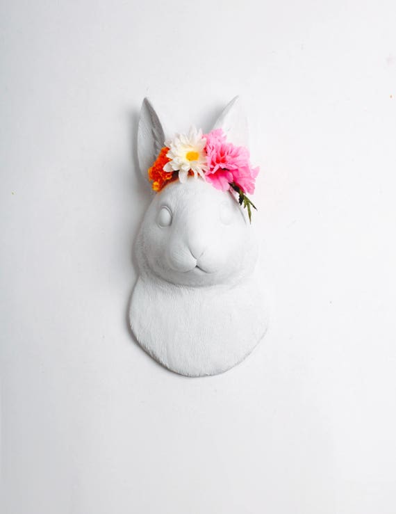 The Lola in White w/Multi-Color Flower Crown - Wall Art - Resin Jackrabbit Head- Rabbit Mount -Faux Animal Bunny & Easter Decor Floral Crown