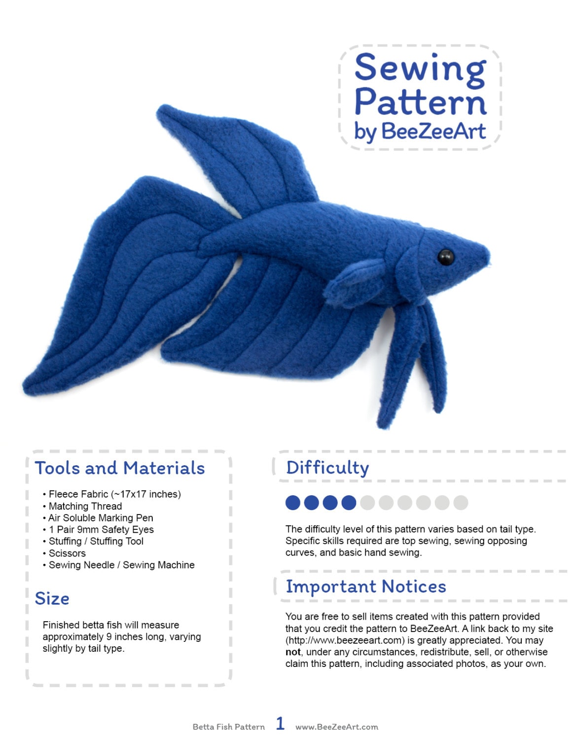 Betta Fish Sewing Pattern PDF Pattern Plushie Sewing Pattern