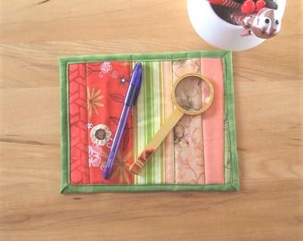 Mug rug - reusable snack mat - mini quilt - thank you - desk accessory - large fabric coaster - dresser topper - candle mat - green pink