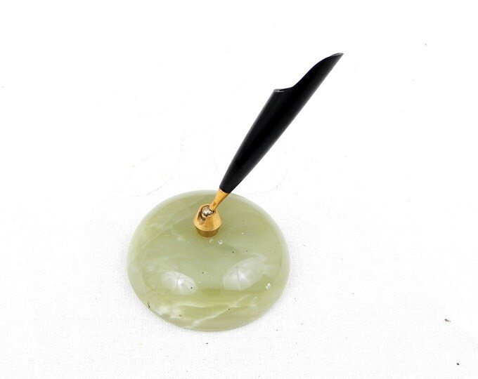 Vintage Mid Century Carved Veined Green Marble Onyx Agate Pen Holder, Paperweight Desk, Office, Retro, Home,Interior, Mid Century Modern
