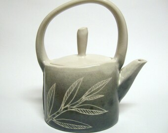 Willow Leaves Teapot in Gray with built-in strainer, Ceramic Pottery Tea Pot Ready to Ship