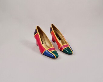 90s leather patchwork heels / colorblock pumps / patchwork pumps / 8 - 38.5 / vibrant shoes / statement heels / pointed toe / 90s heels