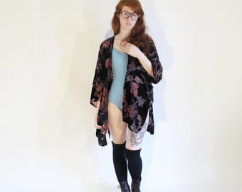 Vintage Velvet Burnout Floral Kimono Velvet Kimono Robe Floral Robe Sheer Floral Robe See Through Kimono Coverup Cardigan Vintage Floral