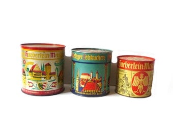 Set of 3 Vintage Tin Boxes 1960s Lithographed Tin Gingerbread Box Haeberlein Metzler