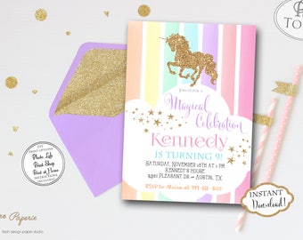 INSTANT DOWNLOAD - Pastel Rainbow Unicorn Birthday Party Invitation - Glitter Unicorn Invite - Rainbow Party - Unicorn Party - Gold 0449