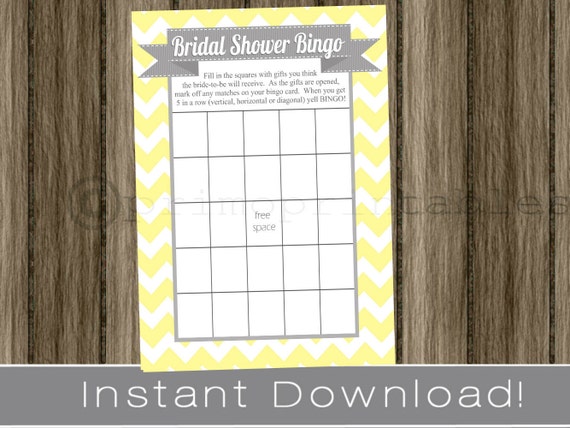 BRIDAL Shower Bingo Game Cards / yellow and gray / chevron / INSTANT DOWNLOAD / diy digital printable file / print your own Il_570xn