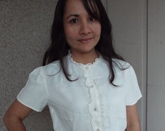 Vintage White Blouse with Eyelet Lace Trim - small