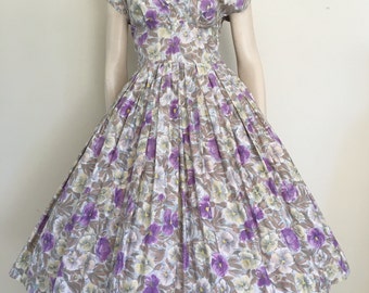 STUNNING 50's 60's Pastel Floral Cotton Party Dress / Bombshell / Medium