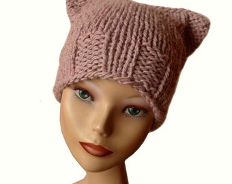Women beanie hat, Pussy hat, Cat hat, Women winter hat, natural fiber, Pussy Cat Beanie, Chunky Beanie, Pussy Beanie Hat, Pink cat hat